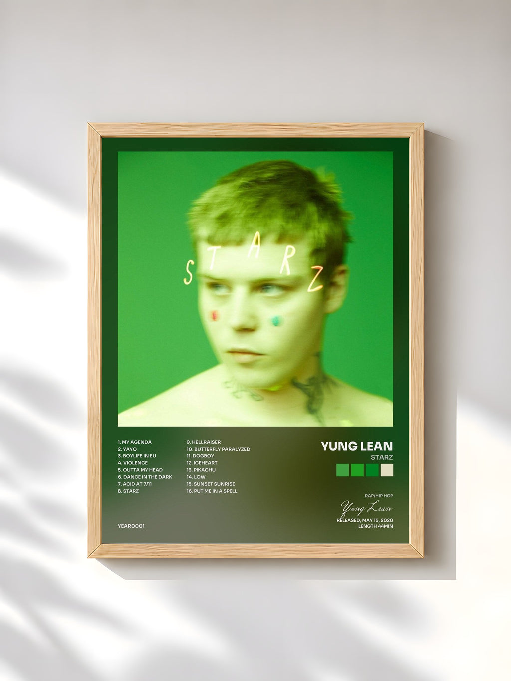 #bois Tableau de l'album Starz de Yung Lean, cadre en bois brut, imprimé et encadré en France