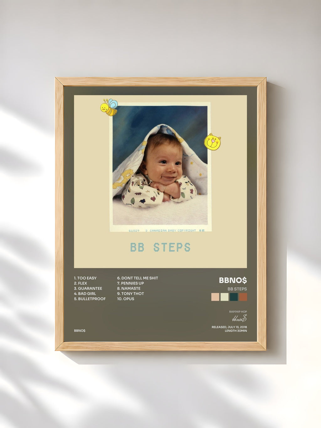 #bois Tableau de l'album bb steps de bbno$, cadre en bois brut, imprimé et encadré en France