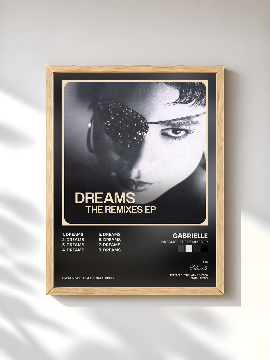 #bois Tableau de l'album Dreams – The Remixes EP de Gabrielle, cadre en bois brut, imprimé et encadré en France