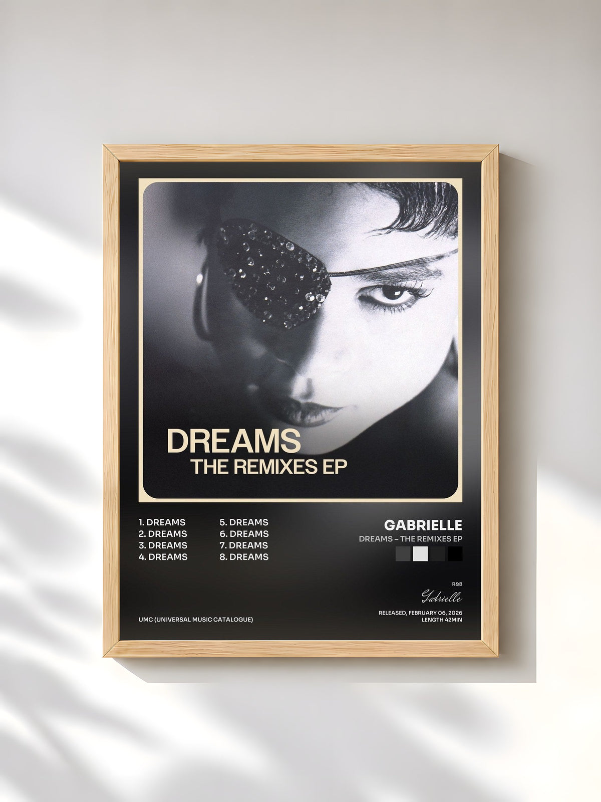 #bois Tableau de l'album Dreams – The Remixes EP de Gabrielle, cadre en bois brut, imprimé et encadré en France