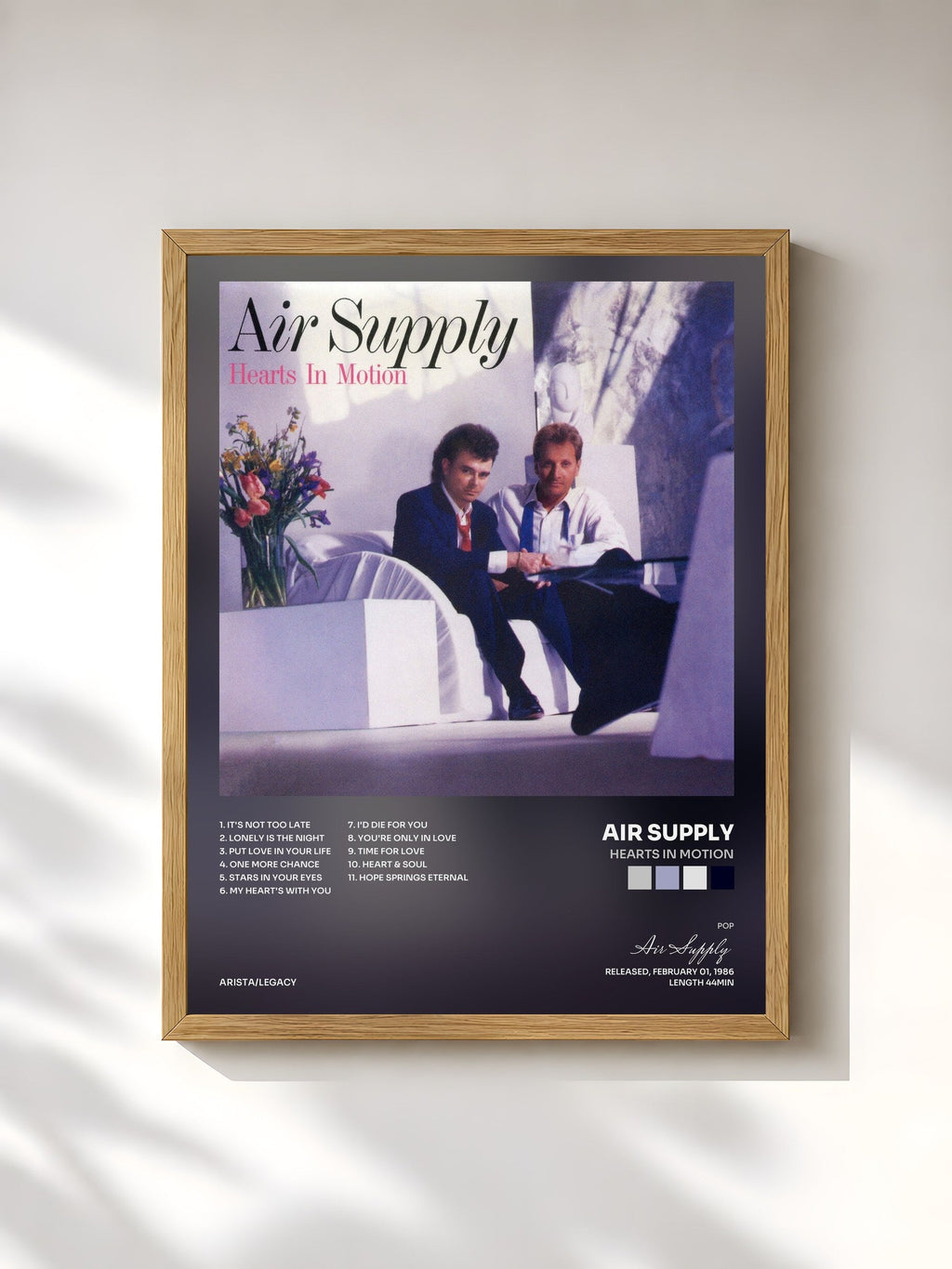 #bois Tableau de l'album Hearts In Motion de Air Supply, cadre en bois brut, imprimé et encadré en France