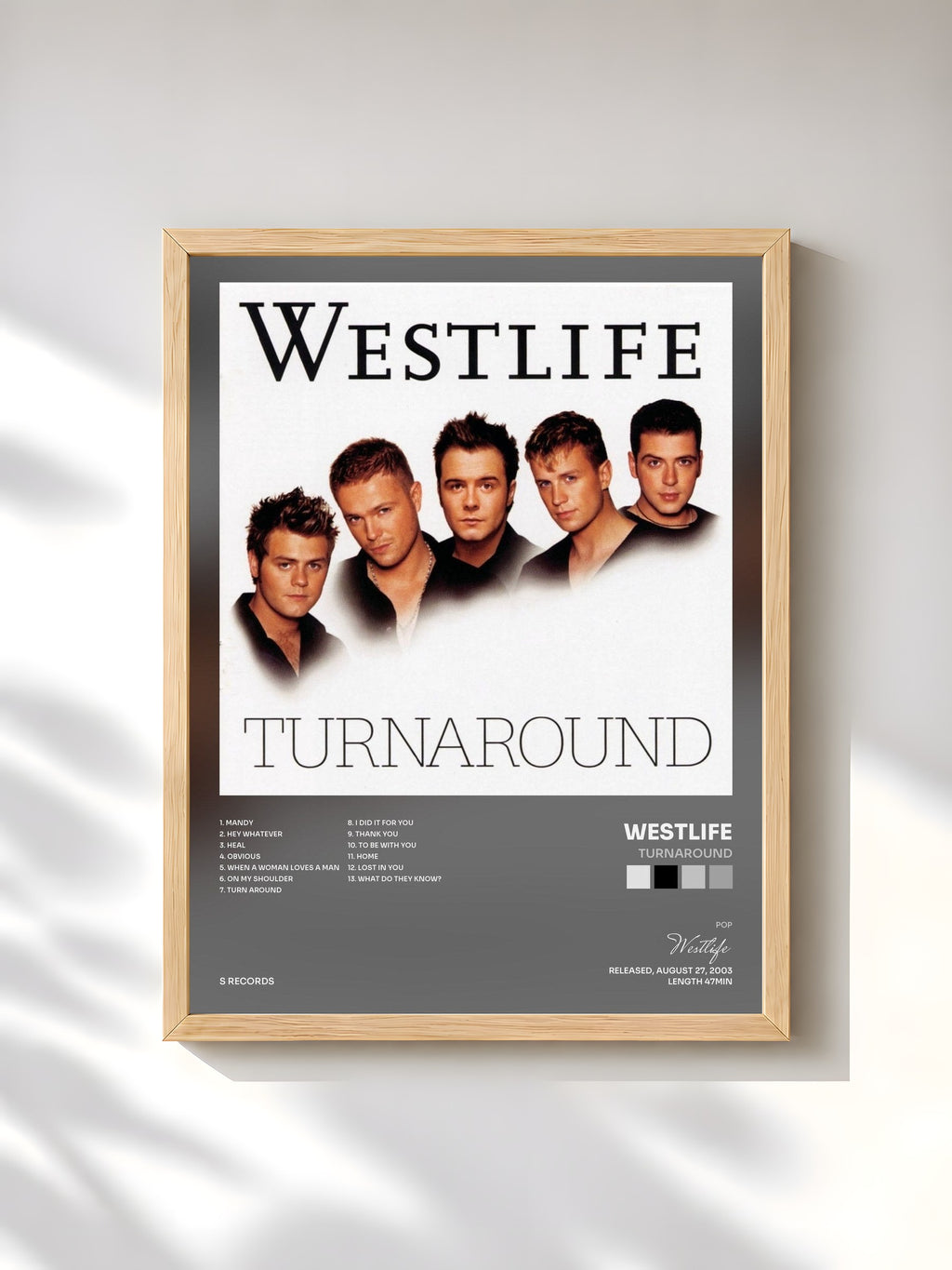#bois Tableau de l'album Turnaround de Westlife, cadre en bois brut, imprimé et encadré en France