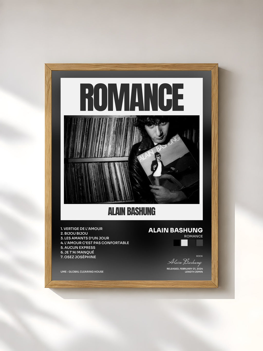 #bois Tableau de l'album Romance de Alain Bashung, cadre en bois brut, imprimé et encadré en France