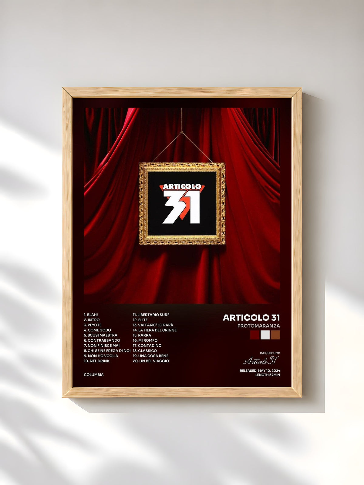 #bois Tableau de l'album PROTOMARANZA de Articolo 31, cadre en bois brut, imprimé et encadré en France