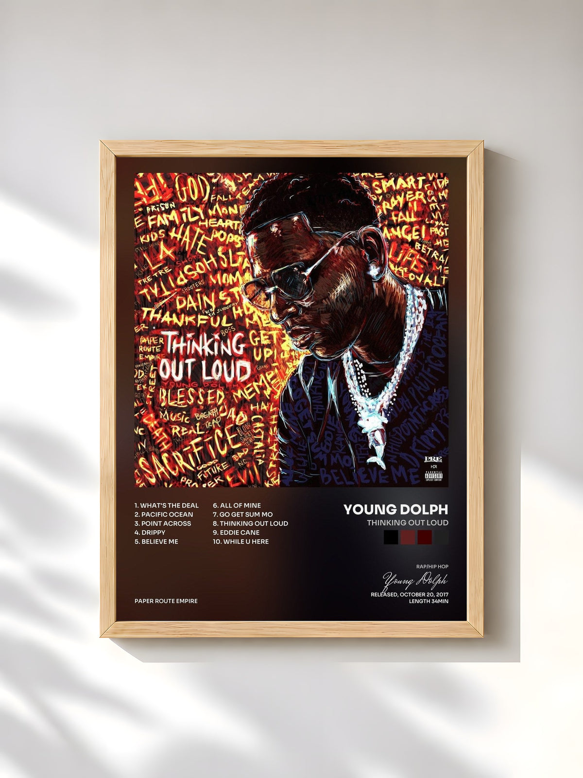 #bois Tableau de l'album Thinking Out Loud de Young Dolph, cadre en bois brut, imprimé et encadré en France