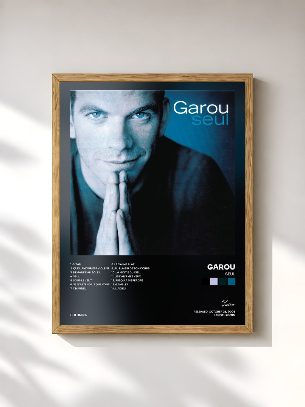 #bois Tableau de l'album Seul de Garou, cadre en bois brut, imprimé et encadré en France