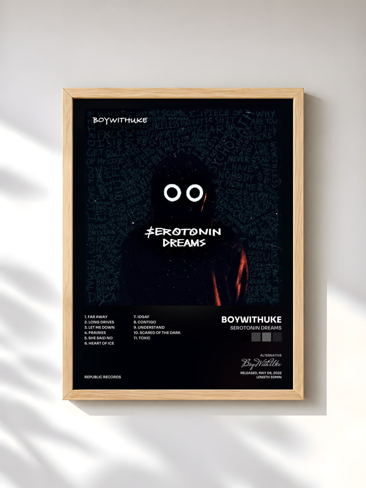 #bois Tableau de l'album Serotonin Dreams de BoyWithUke, cadre en bois brut, imprimé et encadré en France