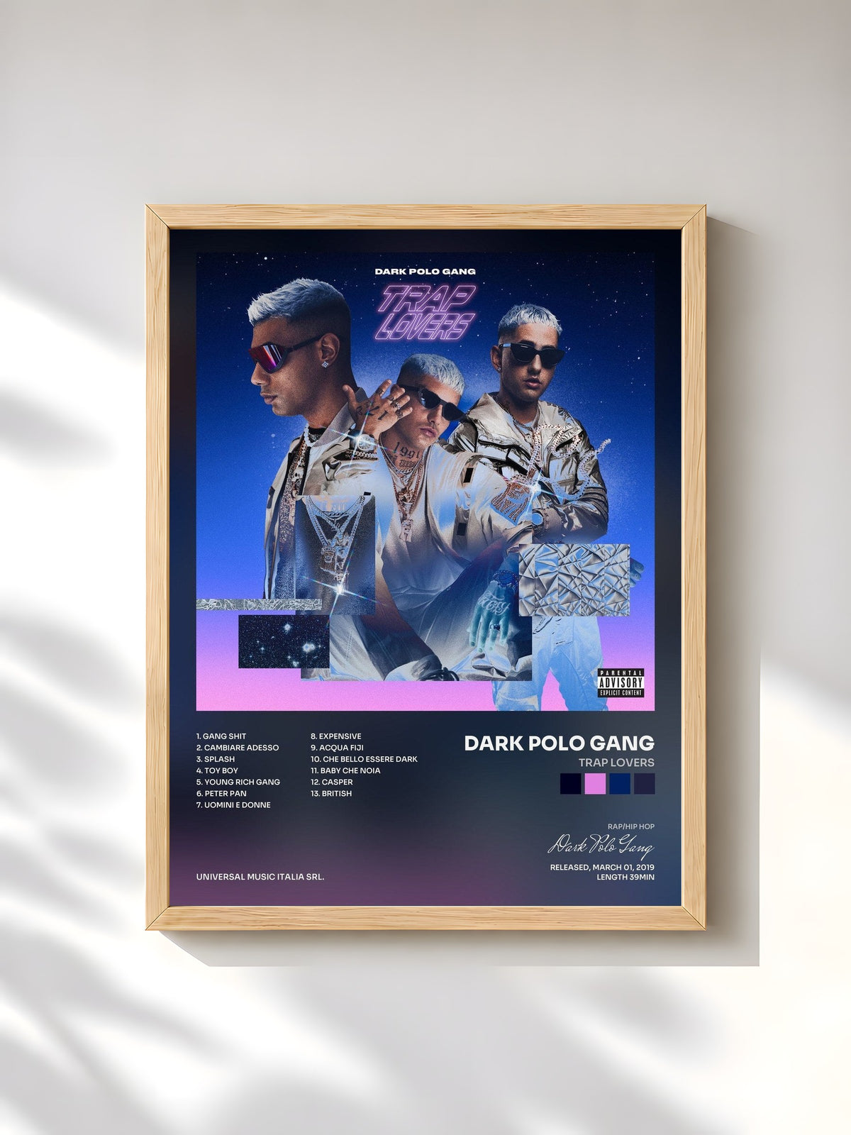 #bois Tableau de l'album Trap Lovers de Dark Polo Gang, cadre en bois brut, imprimé et encadré en France