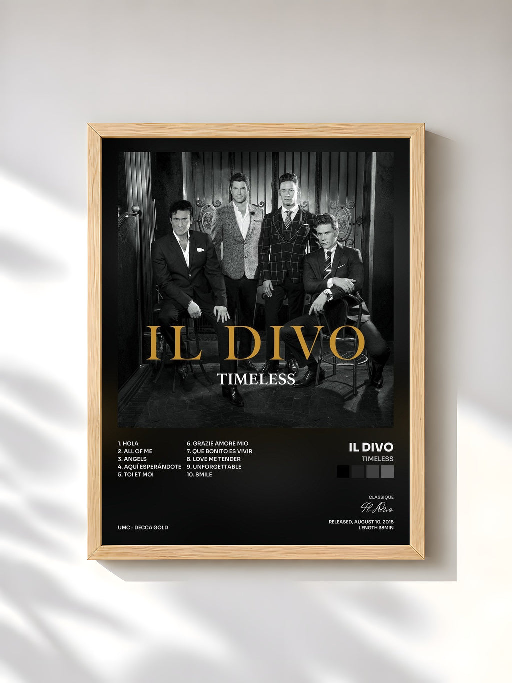 #bois Tableau de l'album Timeless de Il Divo, cadre en bois brut, imprimé et encadré en France