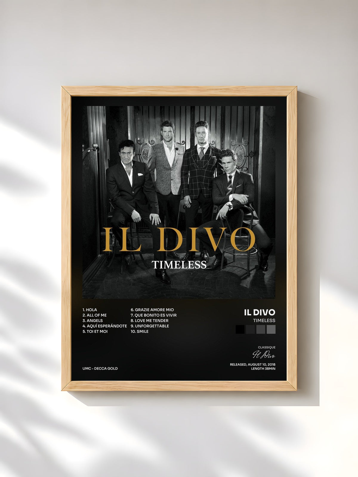 #bois Tableau de l'album Timeless de Il Divo, cadre en bois brut, imprimé et encadré en France