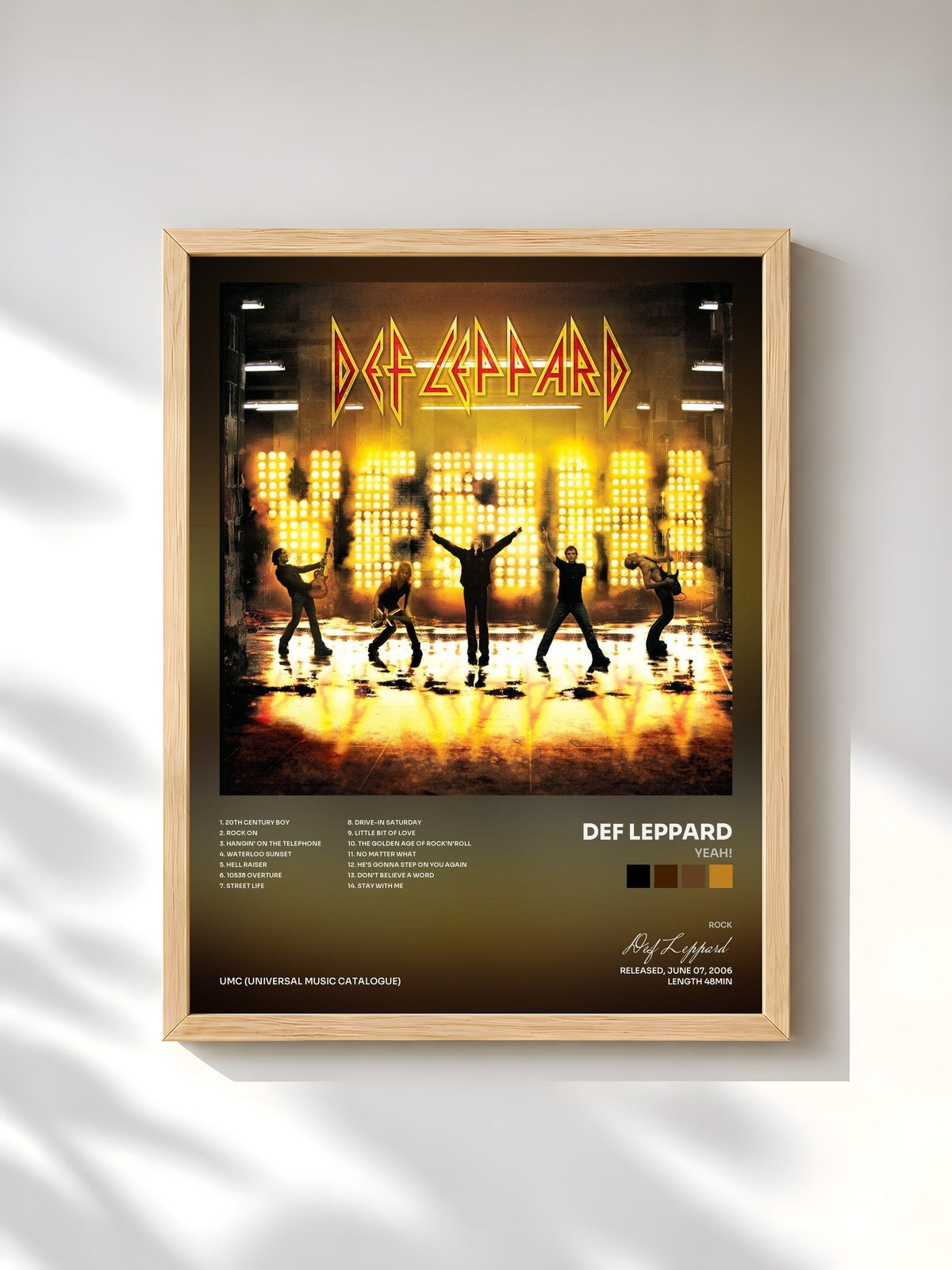 #bois Tableau de l'album Yeah! de Def Leppard, cadre en bois brut, imprimé et encadré en France