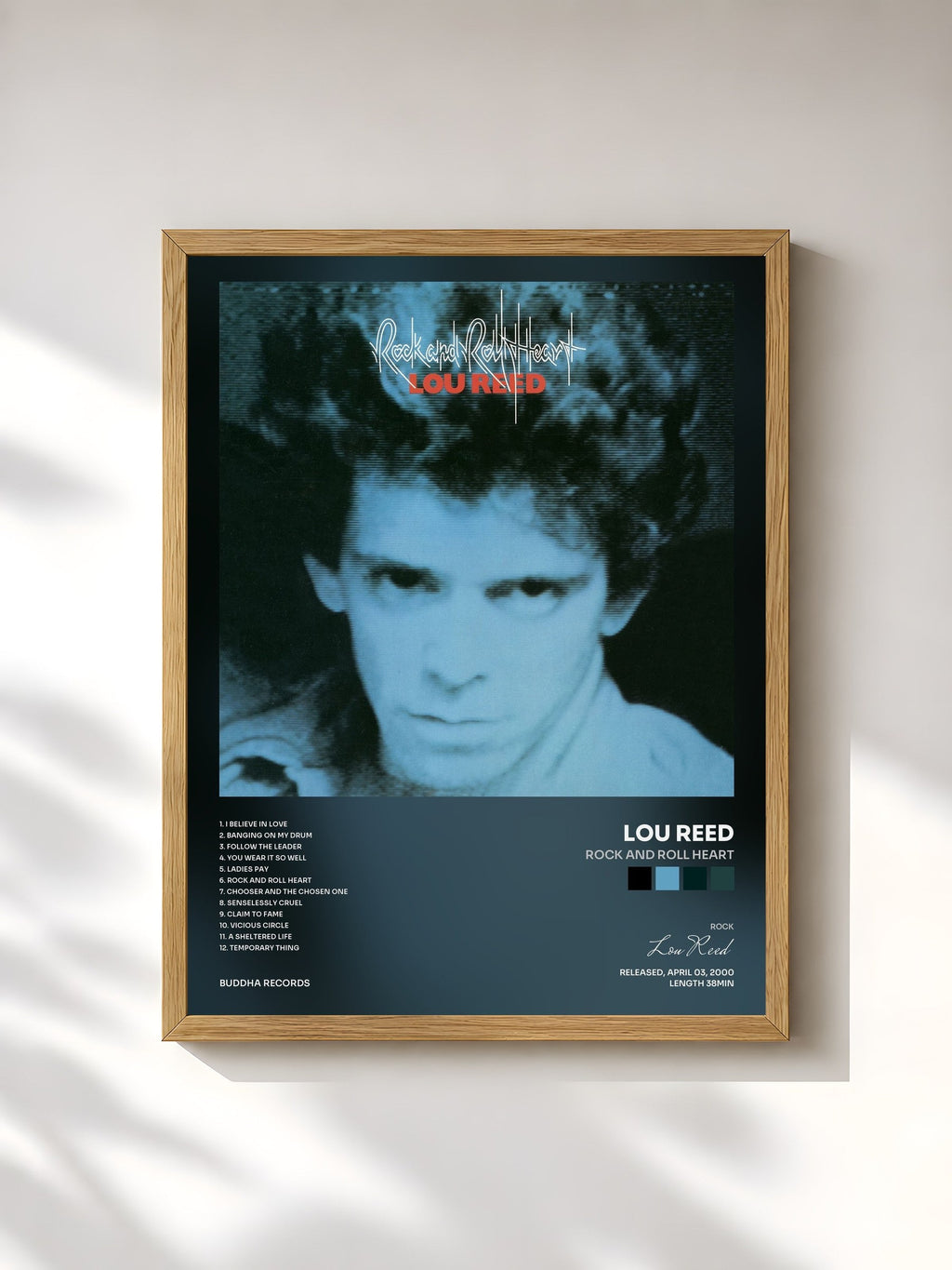#bois Tableau de l'album Rock And Roll Heart de Lou Reed, cadre en bois brut, imprimé et encadré en France