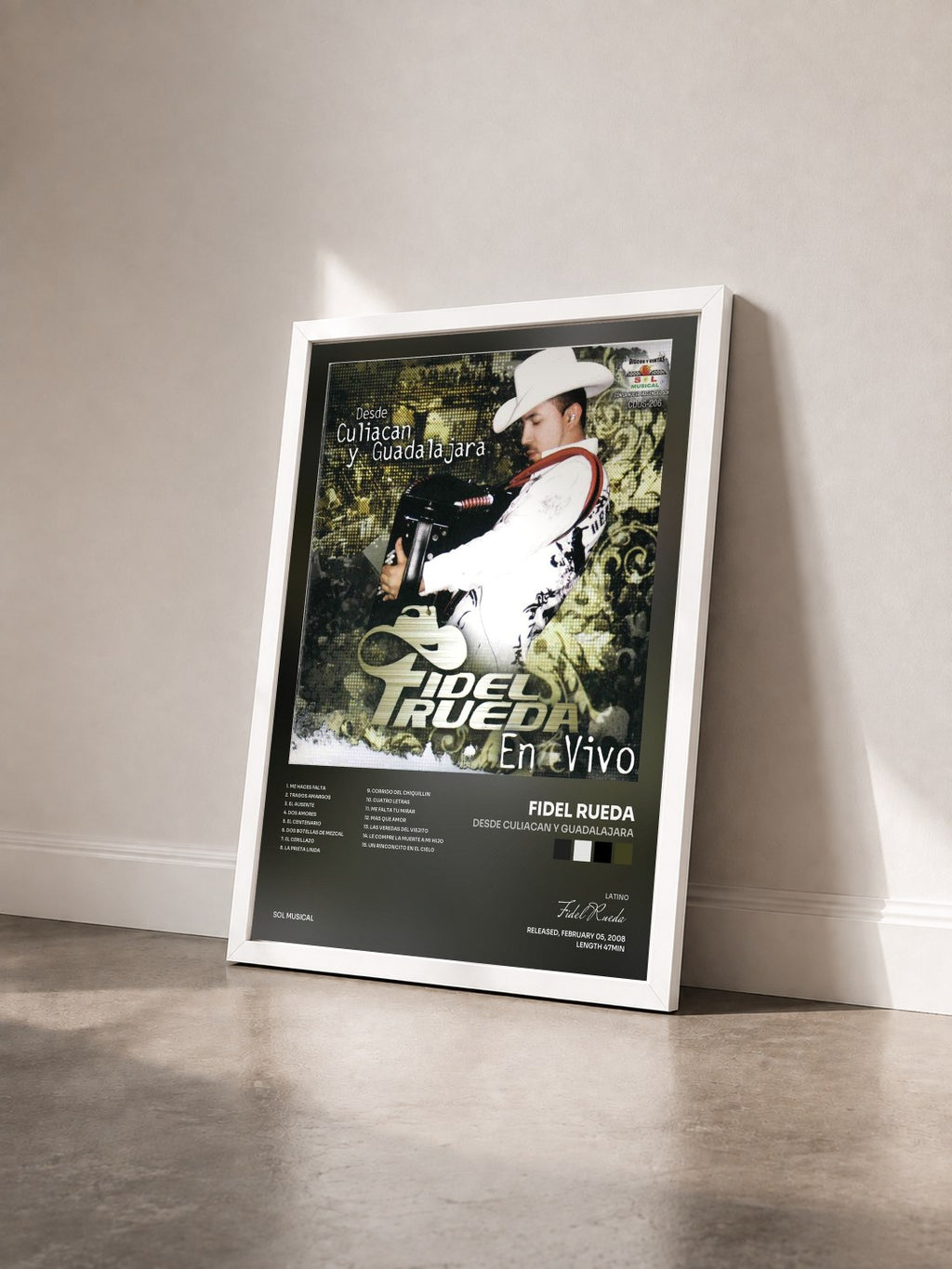 #blanc Tableau de l'album Desde Culiacan y Guadalajara de Fidel Rueda vu de trois quarts, cadre blanc