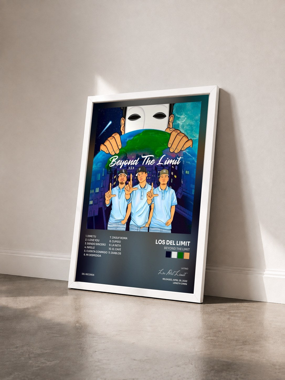 #blanc Tableau de l'album Beyond The Limit de Los Del Limit vu de trois quarts, cadre blanc