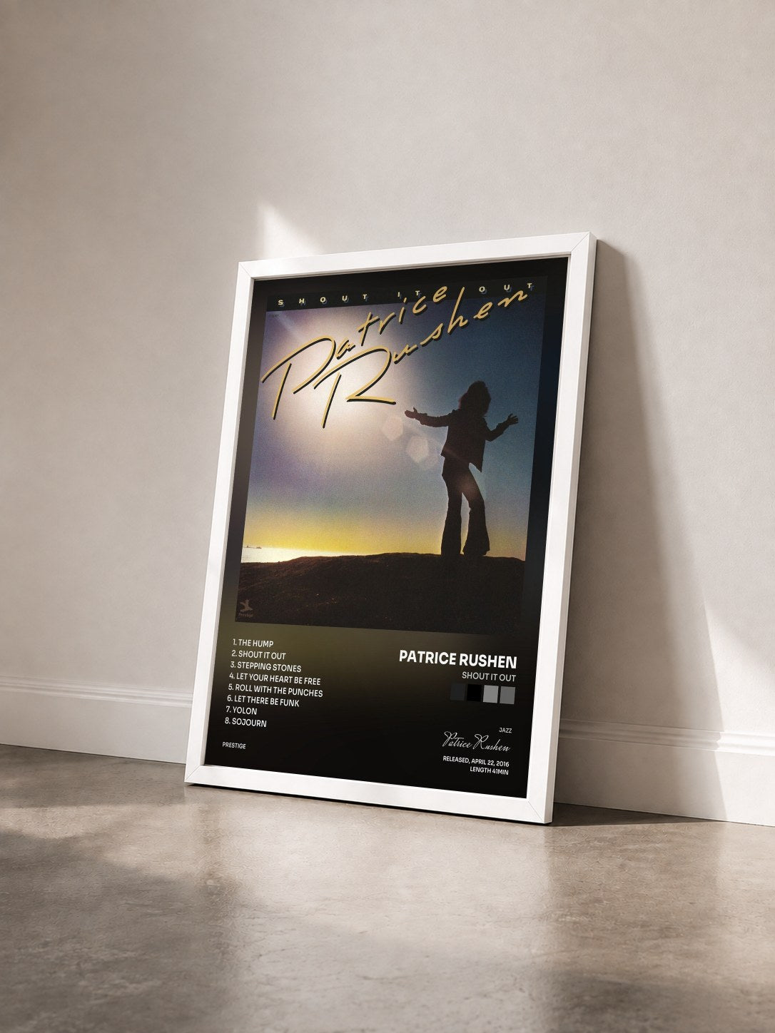 #blanc Tableau de l'album Shout It Out de Patrice Rushen vu de trois quarts, cadre blanc
