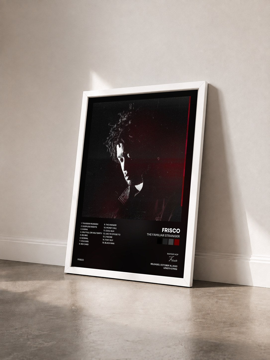 #blanc Tableau de l'album The Familiar Stranger de Frisco vu de trois quarts, cadre blanc