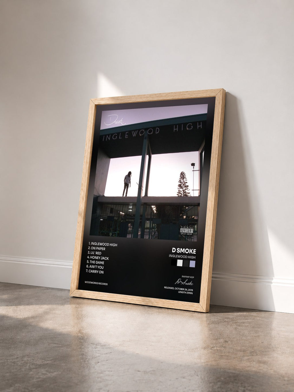 #bois Tableau de l'album Inglewood High de D Smoke vu de trois quarts, cadre en bois brut