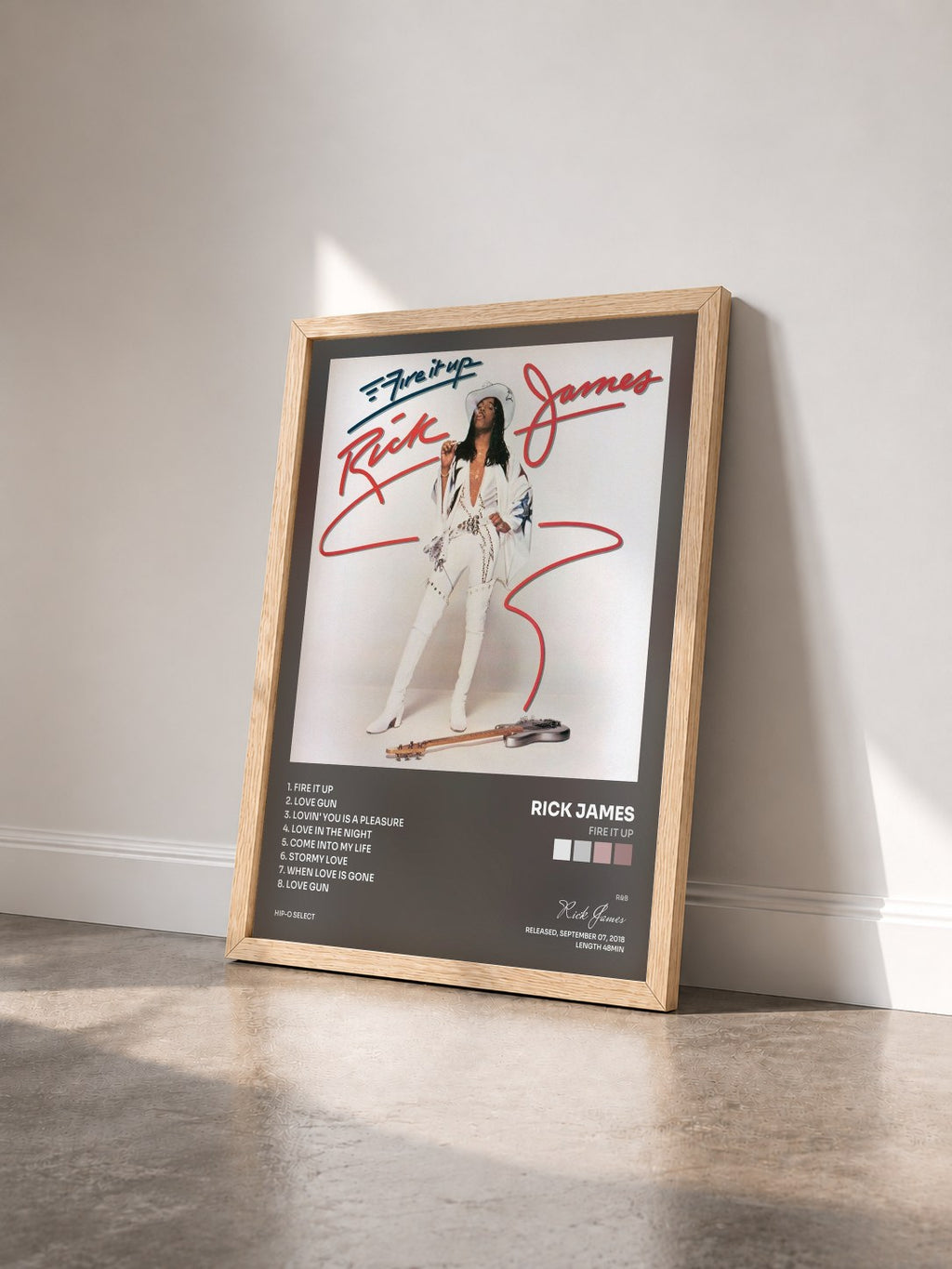 #bois Tableau de l'album Fire It Up de Rick James vu de trois quarts, cadre en bois brut