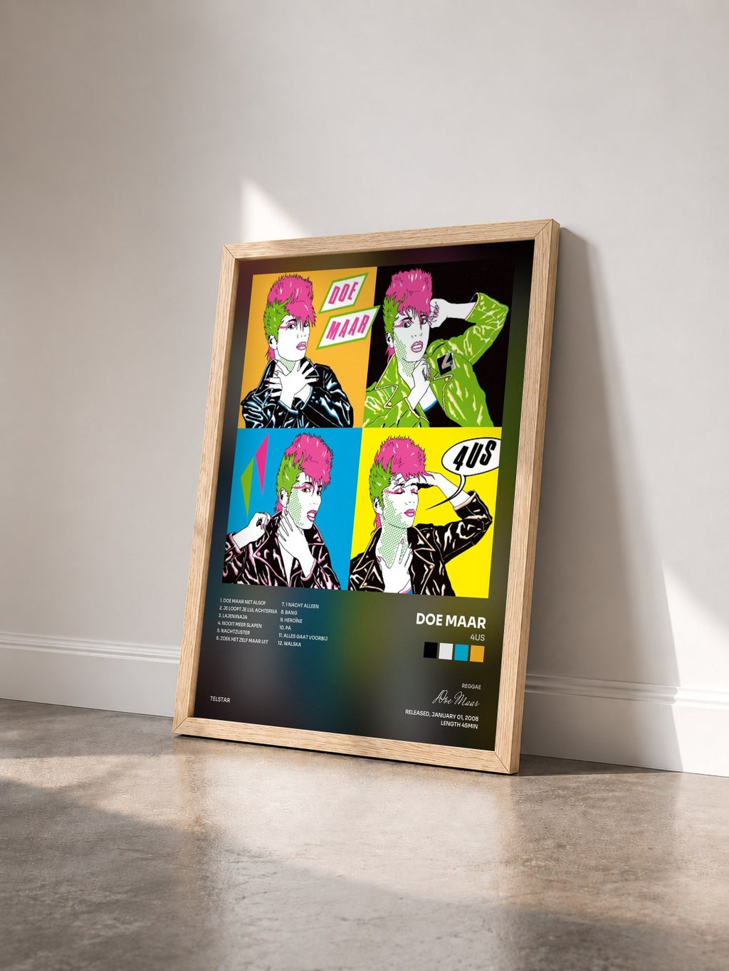 #bois Tableau de l'album 4us de Doe Maar vu de trois quarts, cadre en bois brut