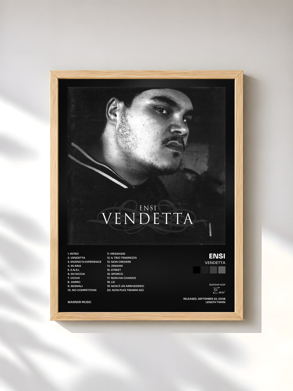 #bois Tableau de l'album VENDETTA de Ensi, cadre en bois brut, imprimé et encadré en France