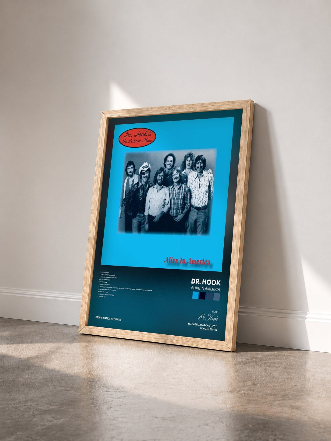 #bois Tableau de l'album Alive In America de Dr. Hook vu de trois quarts, cadre en bois brut