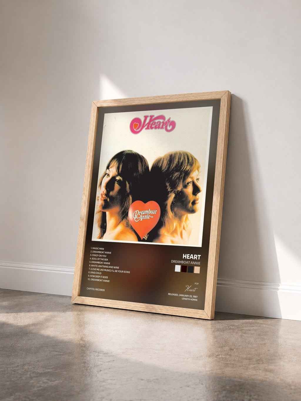 #bois Tableau de l'album Dreamboat Annie de Heart vu de trois quarts, cadre en bois brut