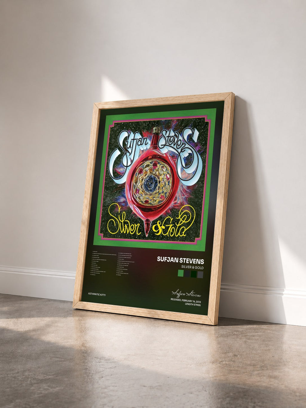 #bois Tableau de l'album Silver & Gold de Sufjan Stevens vu de trois quarts, cadre en bois brut