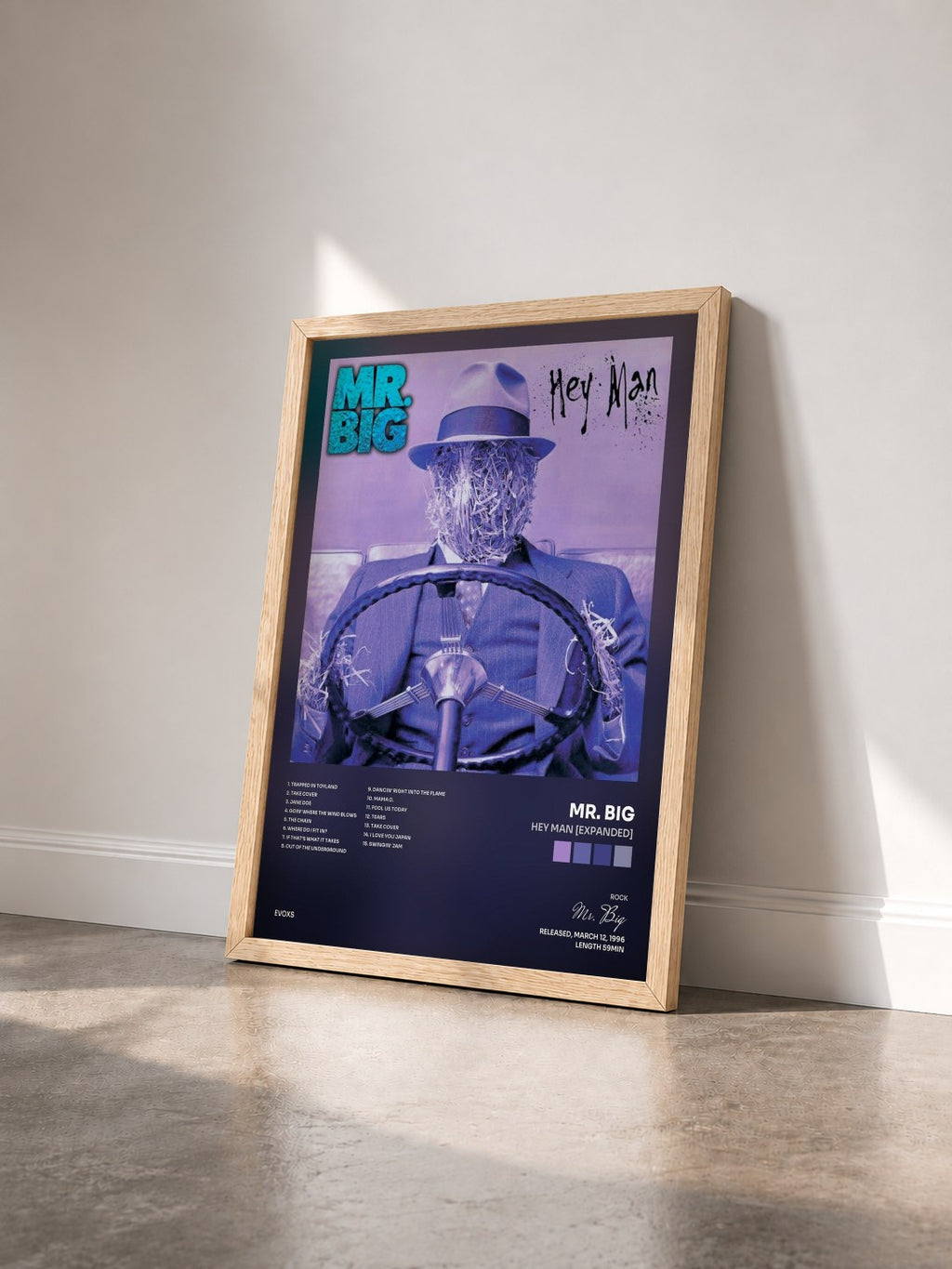 #bois Tableau de l'album Hey Man [Expanded] de Mr. Big vu de trois quarts, cadre en bois brut