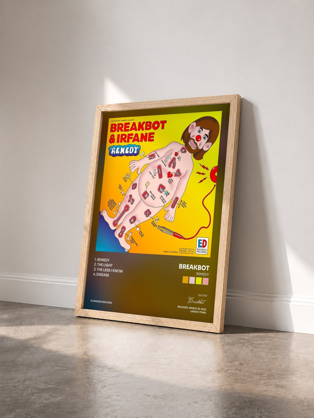 #bois Tableau de l'album Remedy de Breakbot vu de trois quarts, cadre en bois brut