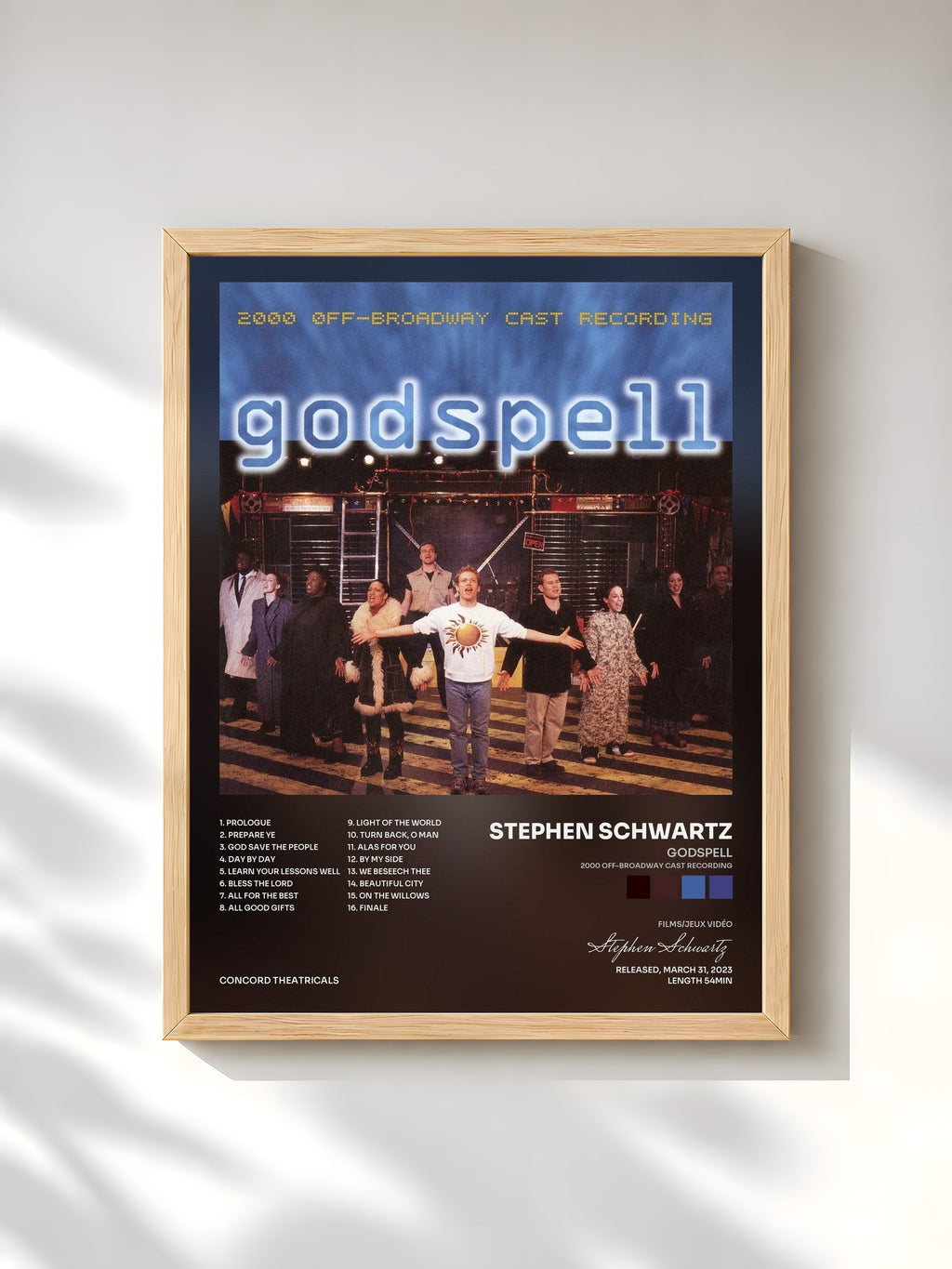 #bois Tableau de l'album Godspell (2000 Off-Broadway Cast Recording) de Stephen Schwartz, cadre en bois brut, imprimé et encadré en France