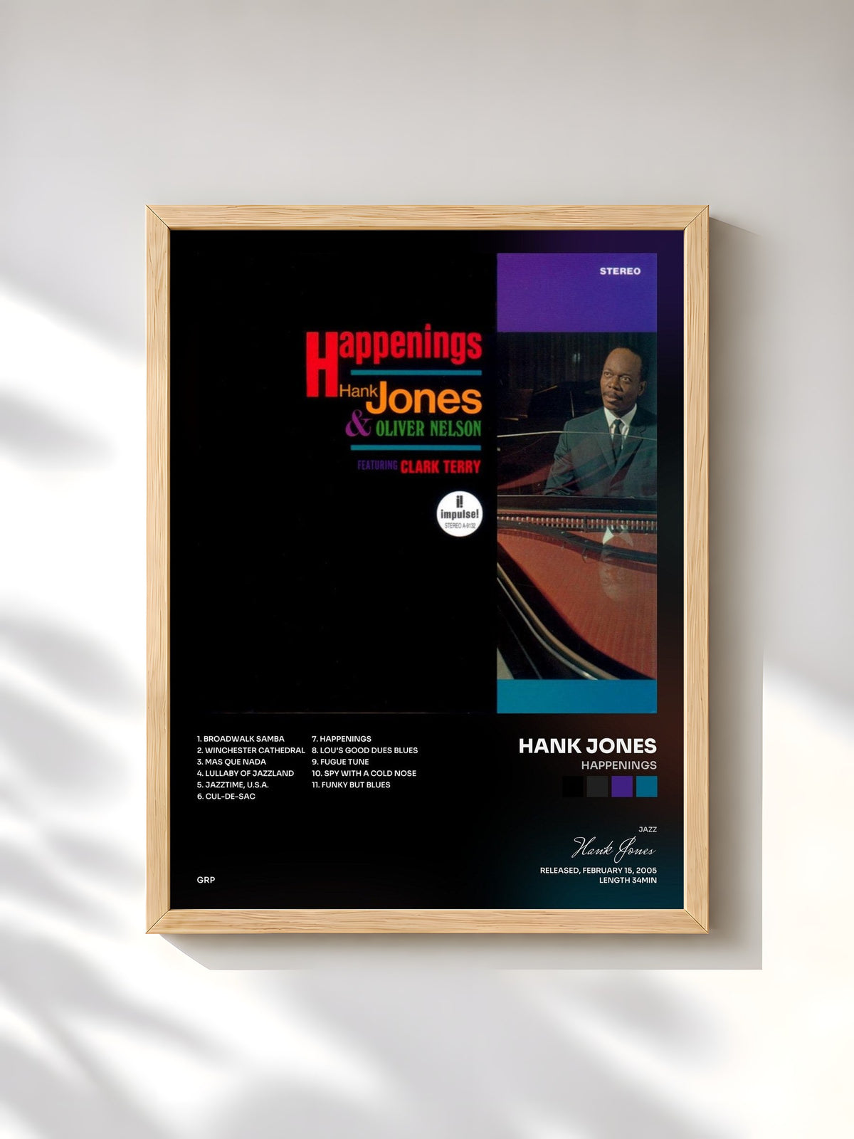 #bois Tableau de l'album Happenings de Hank Jones, cadre en bois brut, imprimé et encadré en France
