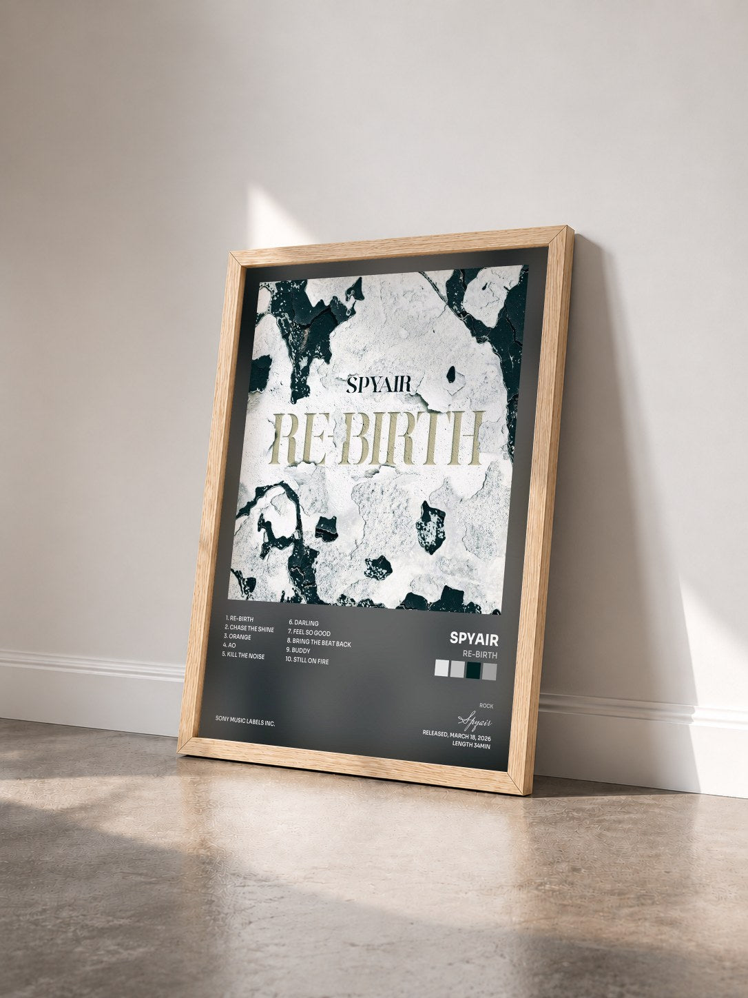 #bois Tableau de l'album RE-BIRTH de Spyair vu de trois quarts, cadre en bois brut