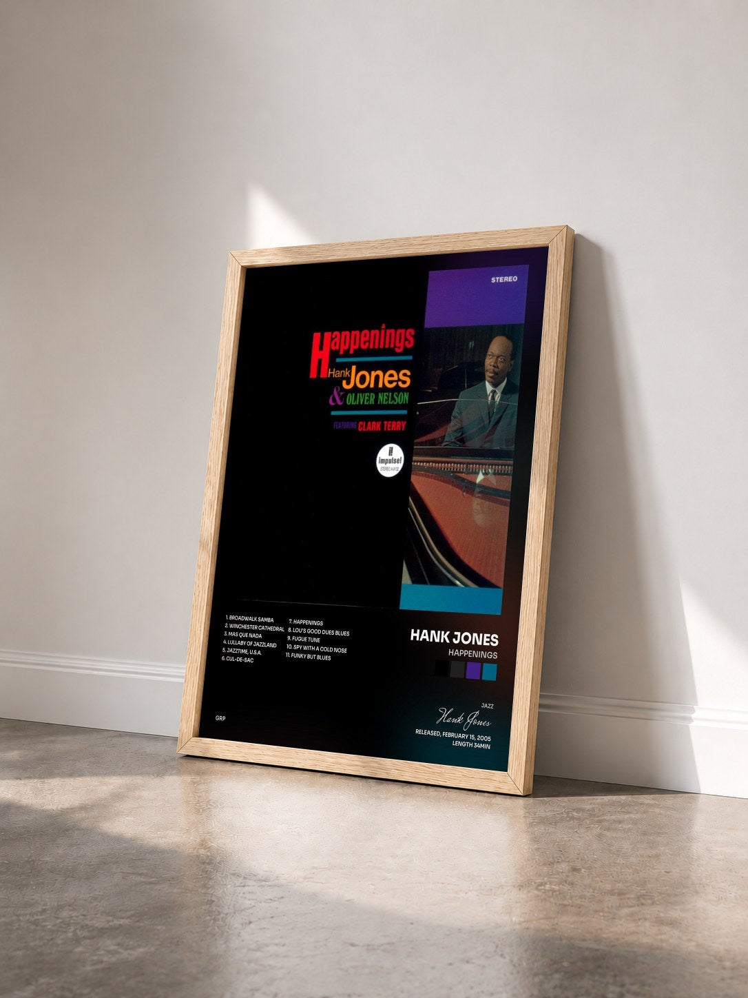 #bois Tableau de l'album Happenings de Hank Jones vu de trois quarts, cadre en bois brut