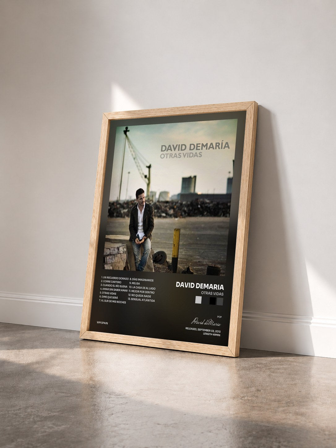 #bois Tableau de l'album Otras Vidas de David deMaria vu de trois quarts, cadre en bois brut