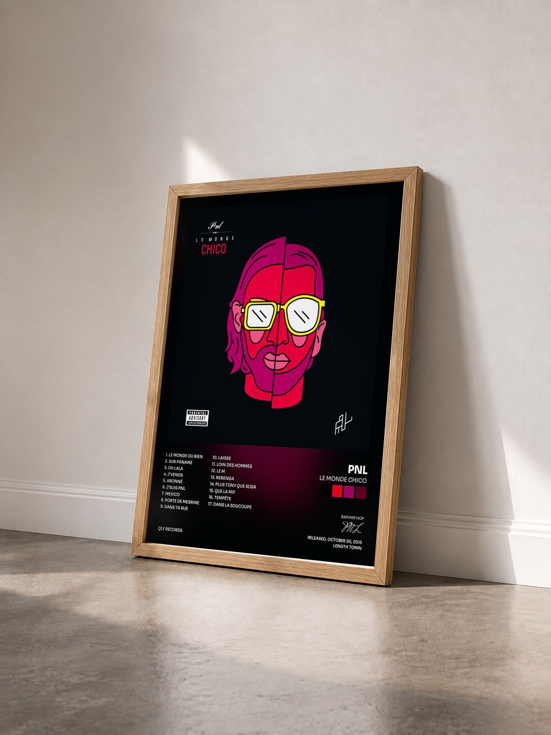 #bois Tableau de l'album Le monde Chico de PNL vu de trois quarts, cadre en bois brut