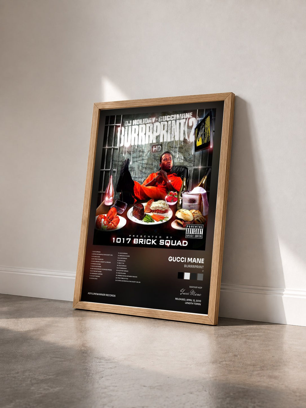 #bois Tableau de l'album Burrrprint (2) HD de Gucci Mane vu de trois quarts, cadre en bois brut