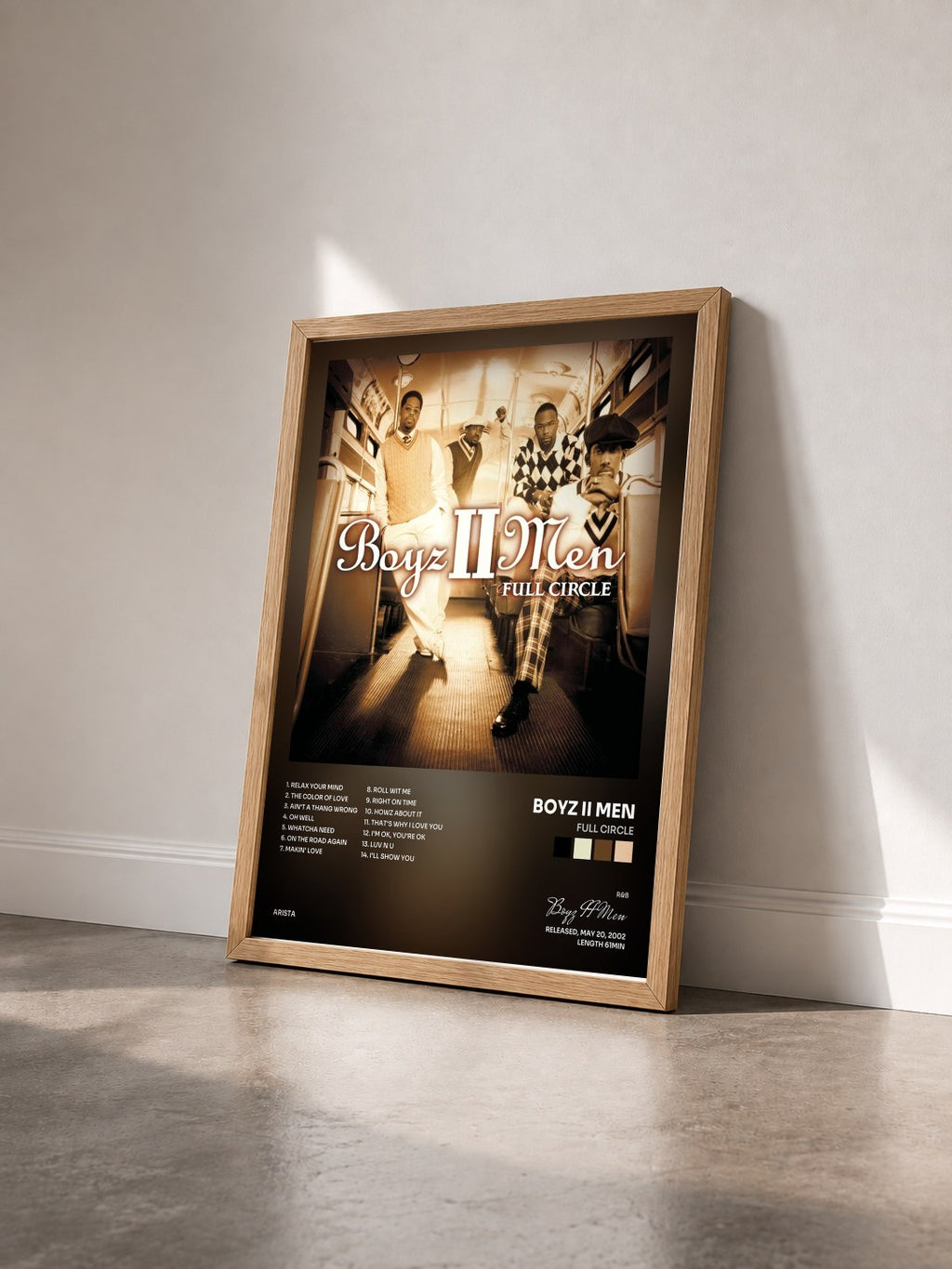 #bois Tableau de l'album Full Circle de Boyz II Men vu de trois quarts, cadre en bois brut