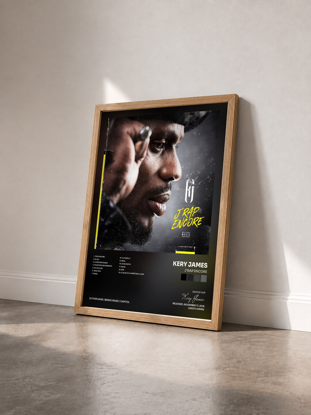 #bois Tableau de l'album J'rap encore de Kery James vu de trois quarts, cadre en bois brut