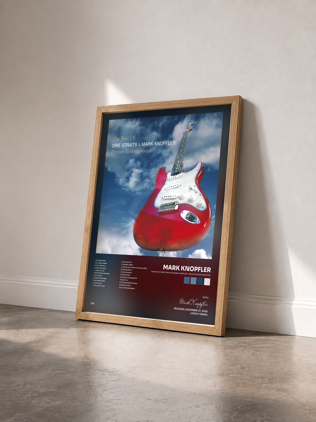 #bois Tableau de l'album The Best Of Dire Straits & Mark Knopfler - Private Investigations de Mark Knopfler vu de trois quarts, cadre en bois brut