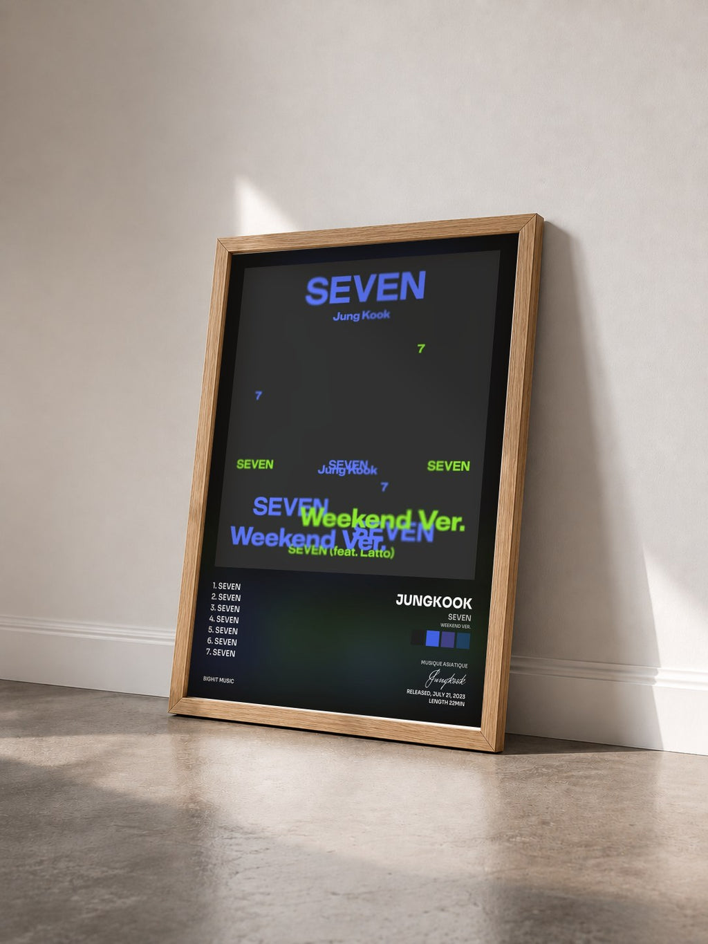 #bois Tableau de l'album Seven (Weekend Ver.) de Jungkook vu de trois quarts, cadre en bois brut