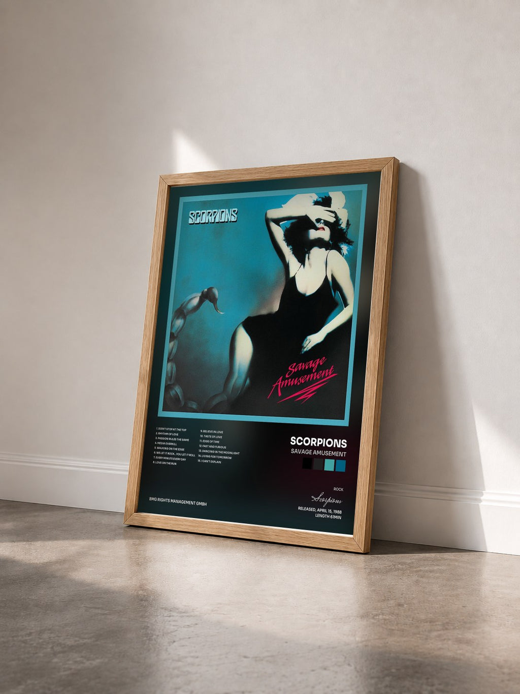 #bois Tableau de l'album Savage Amusement de Scorpions vu de trois quarts, cadre en bois brut