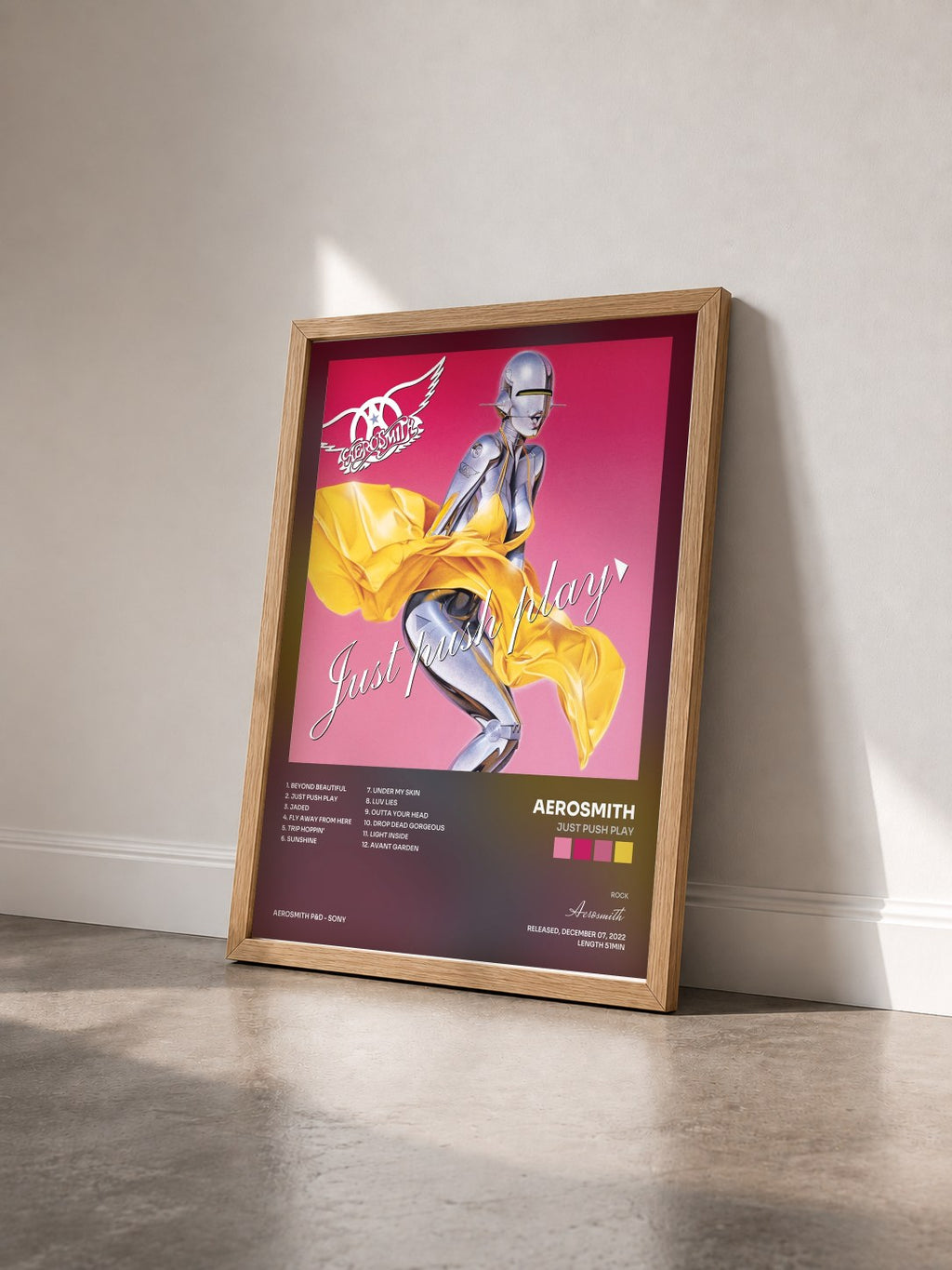 #bois Tableau de l'album Just Push Play de Aerosmith vu de trois quarts, cadre en bois brut