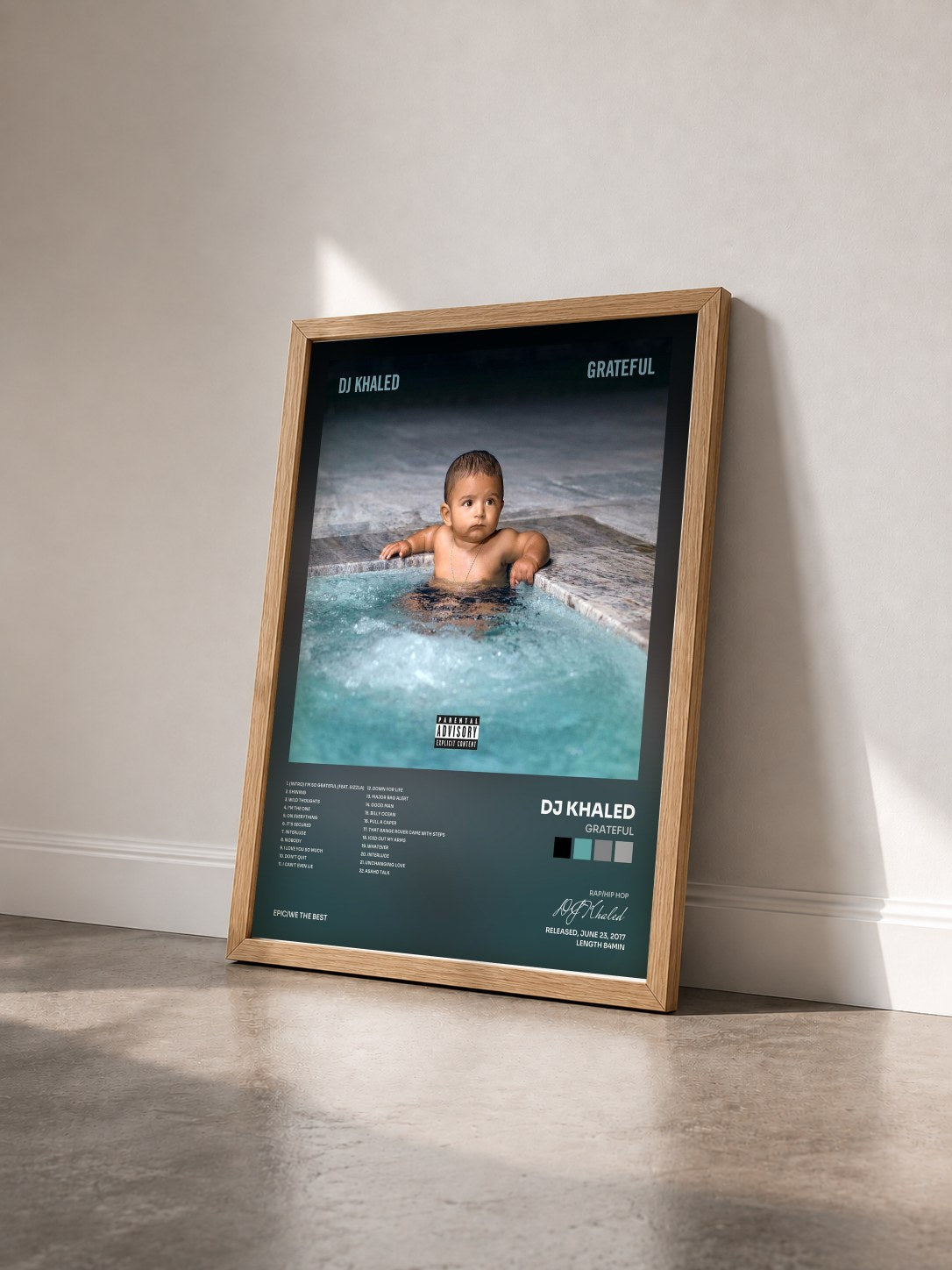 #bois Tableau de l'album Grateful de DJ Khaled vu de trois quarts, cadre en bois brut