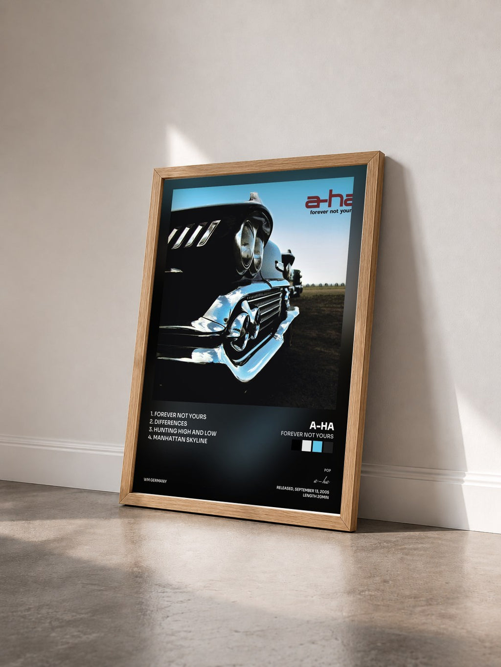 #bois Tableau de l'album Forever Not Yours de a-ha vu de trois quarts, cadre en bois brut