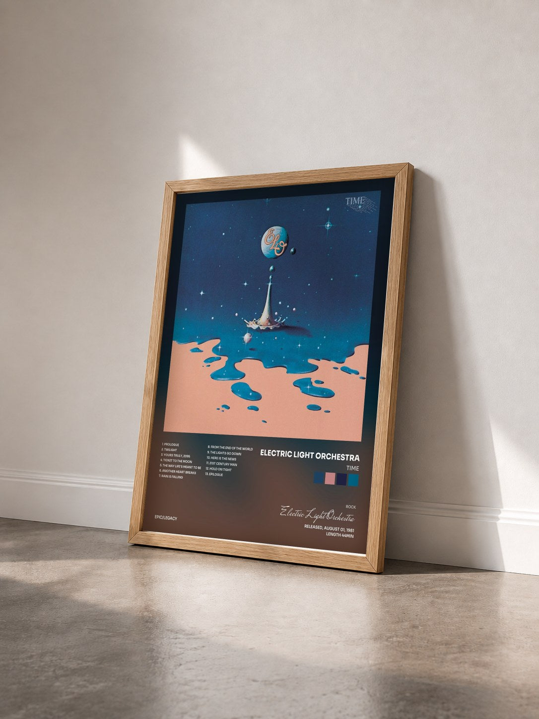 #bois Tableau de l'album Time de Electric Light Orchestra vu de trois quarts, cadre en bois brut