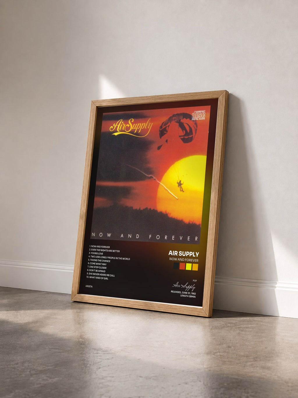 #bois Tableau de l'album Now And Forever de Air Supply vu de trois quarts, cadre en bois brut