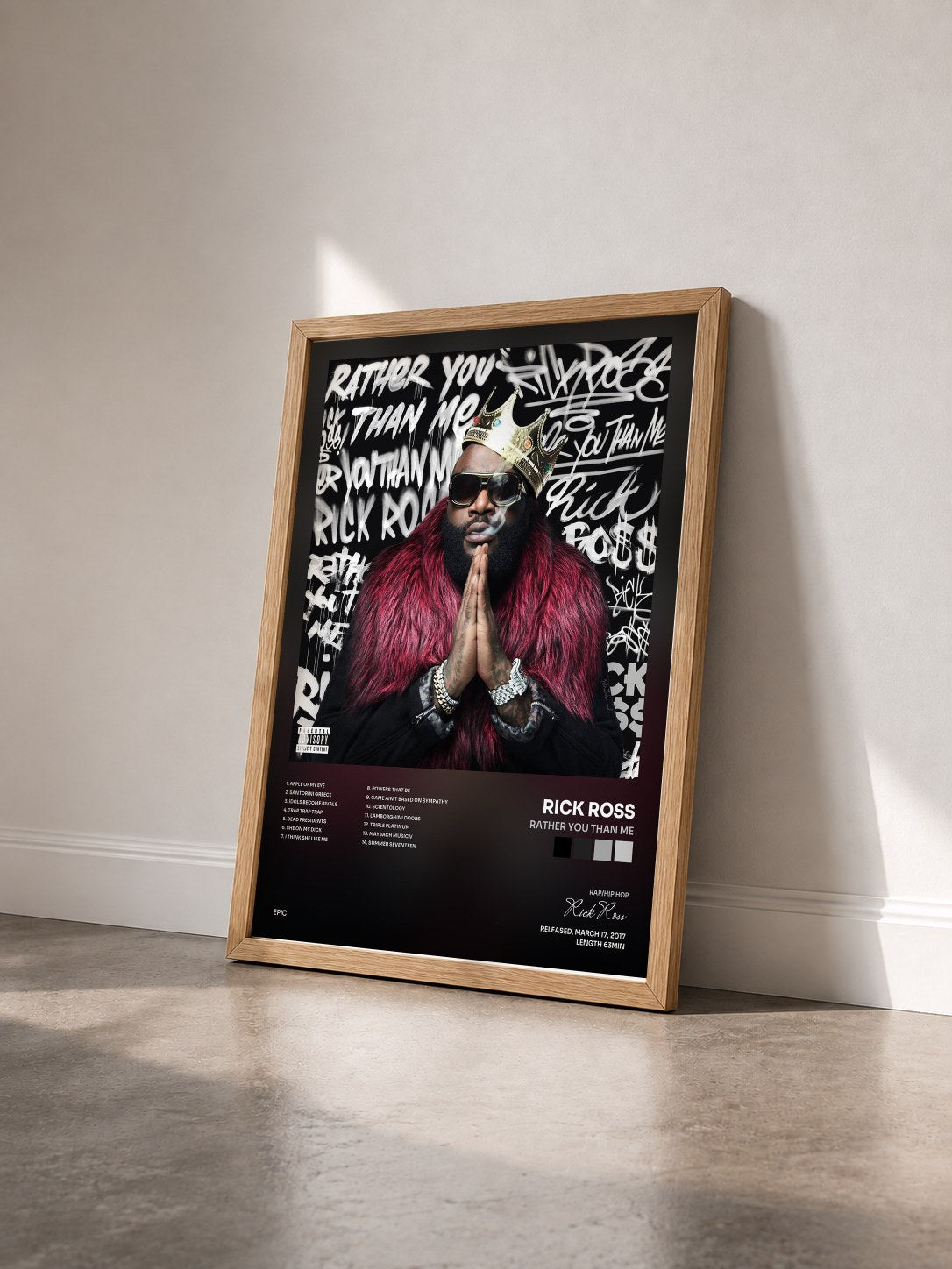 #bois Tableau de l'album Rather You Than Me de Rick Ross vu de trois quarts, cadre en bois brut
