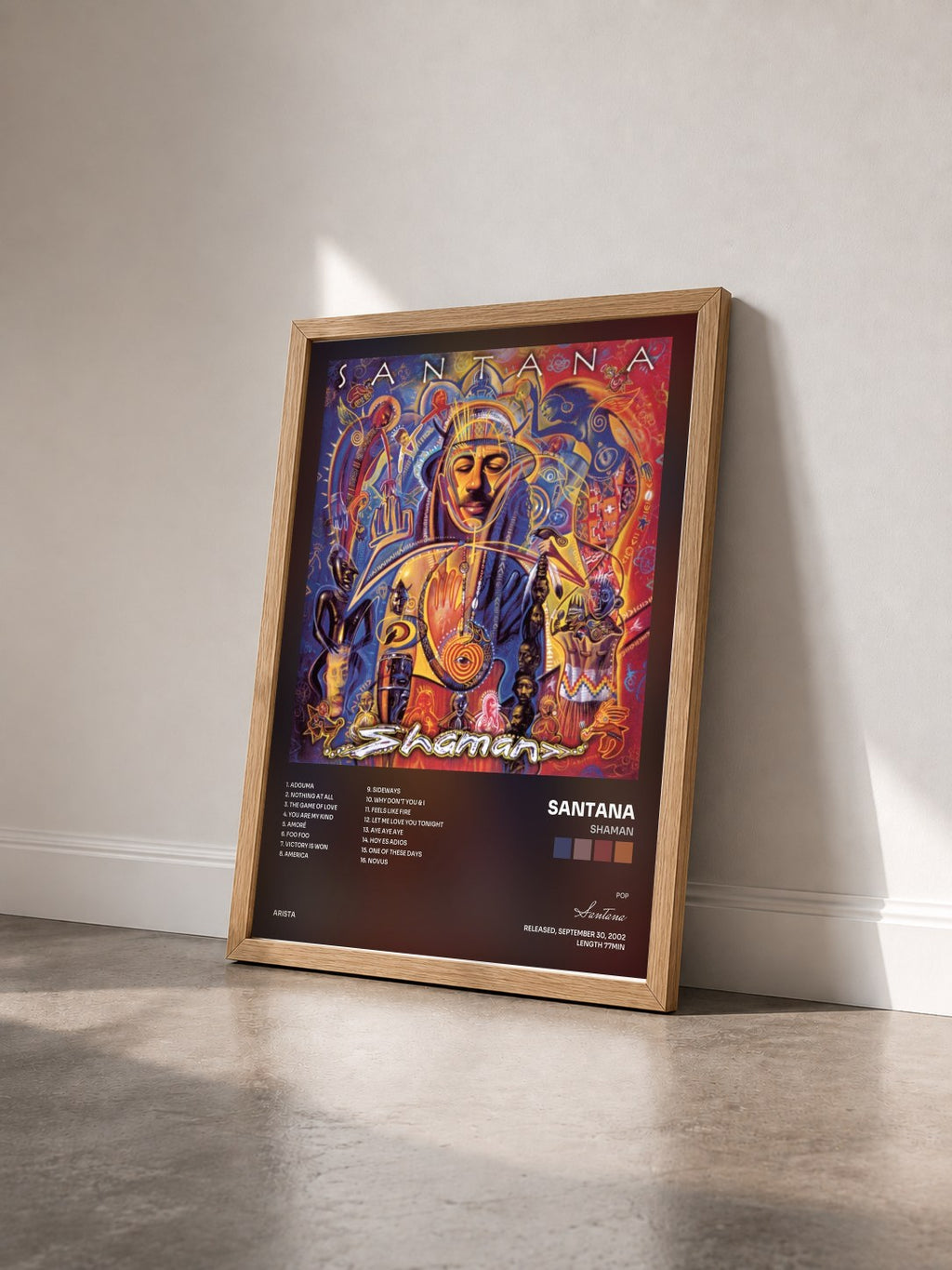 #bois Tableau de l'album Shaman de Santana vu de trois quarts, cadre en bois brut