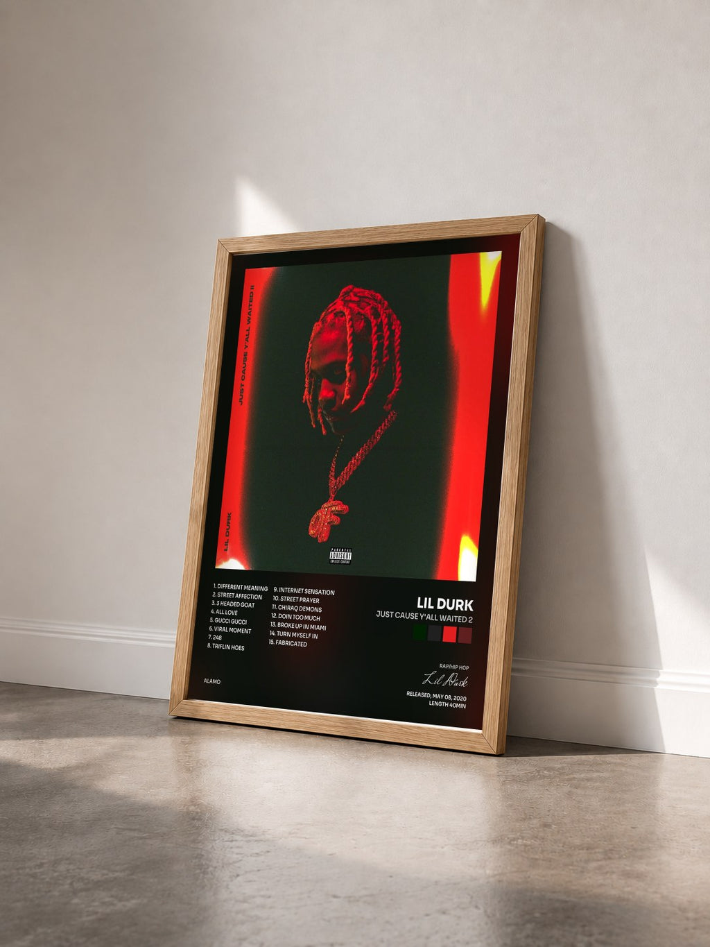 #bois Tableau de l'album Just Cause Y'all Waited 2 de Lil Durk vu de trois quarts, cadre en bois brut