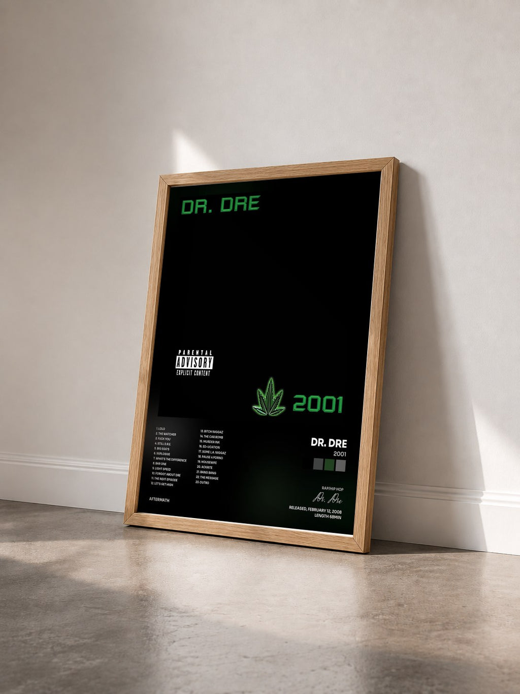 #bois Tableau de l'album 2001 de Dr. Dre vu de trois quarts, cadre en bois brut